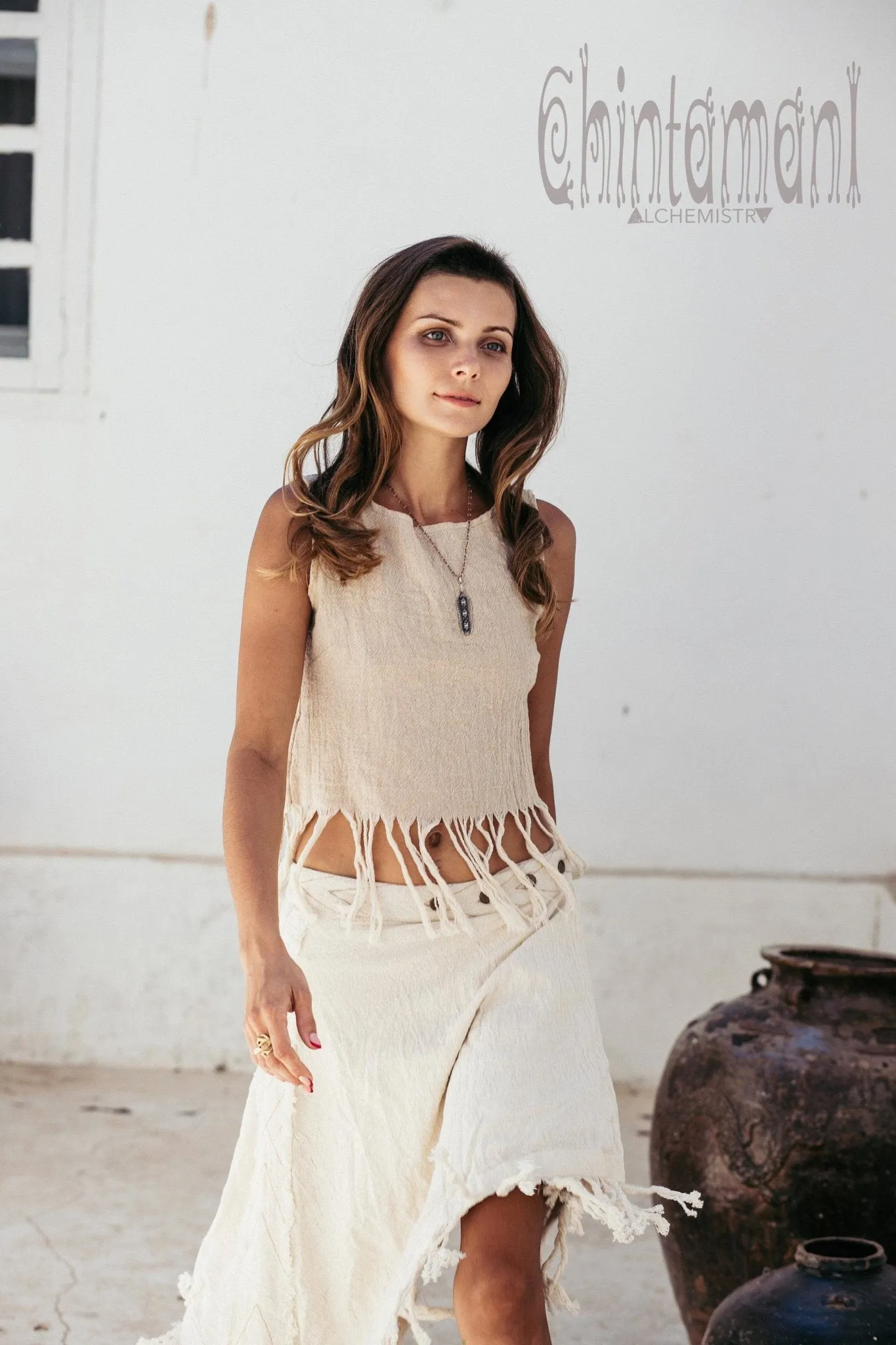 Raw Cotton Boho Wrap Skirt with Fringes / Off White