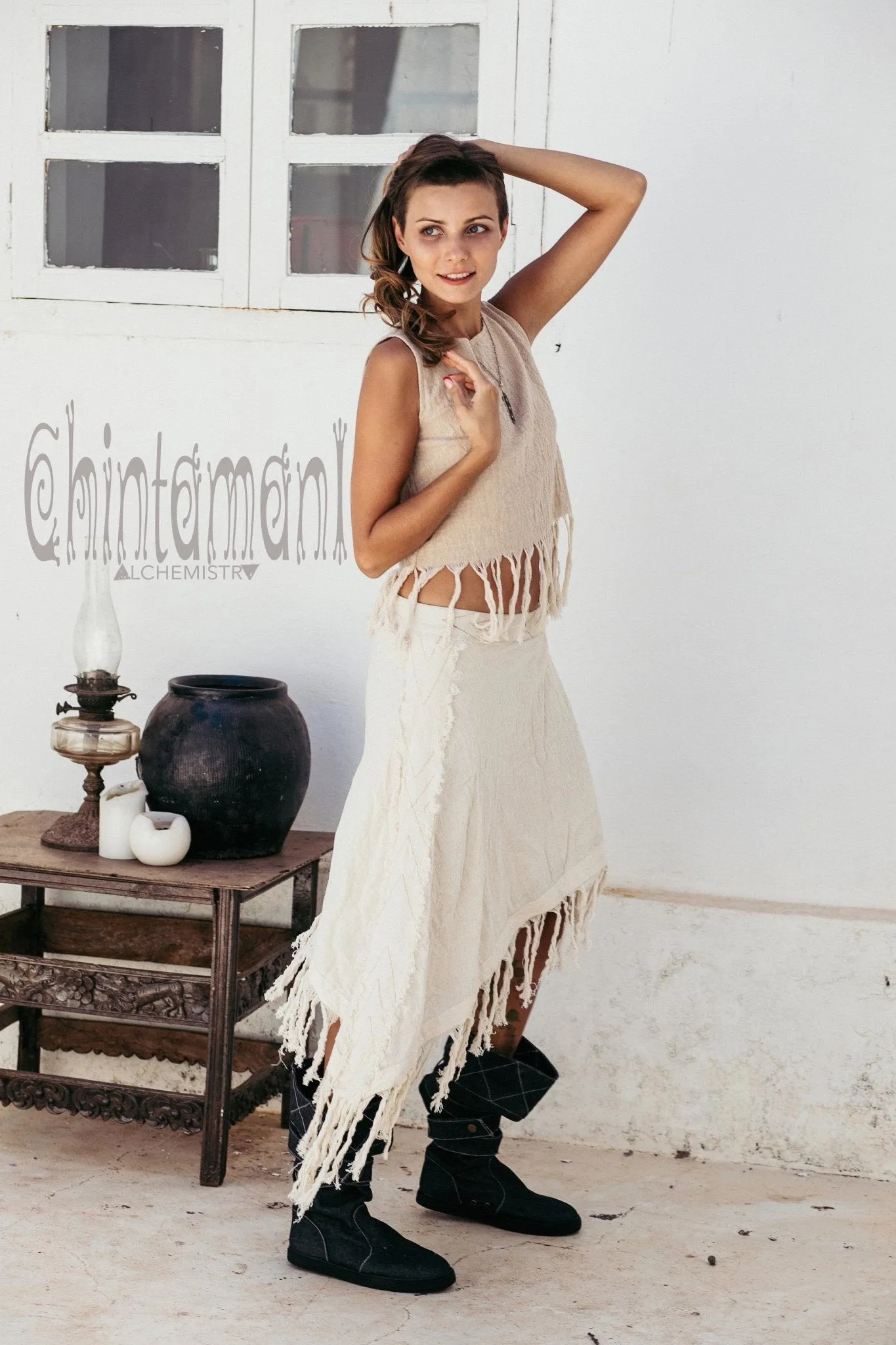 Raw Cotton Boho Wrap Skirt with Fringes / Off White