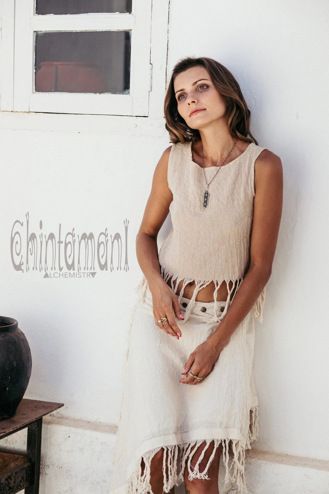 Raw Cotton Boho Wrap Skirt with Fringes / Off White