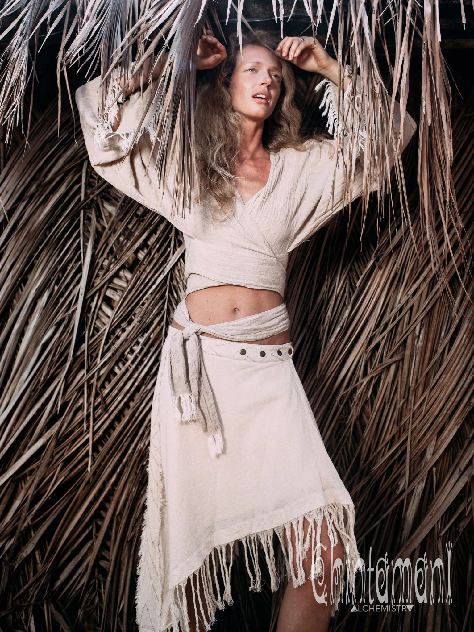 Raw Cotton Boho Wrap Skirt with Fringes / Off White