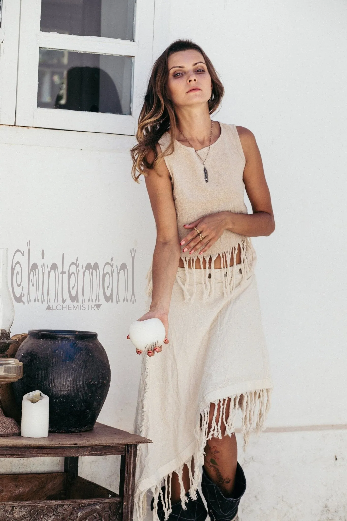 Raw Cotton Boho Wrap Skirt with Fringes / Off White