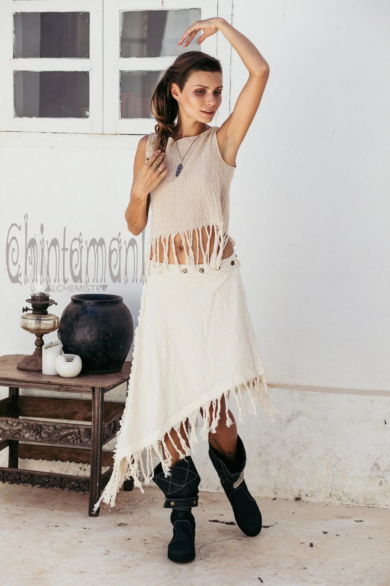 Raw Cotton Boho Wrap Skirt with Fringes / Off White