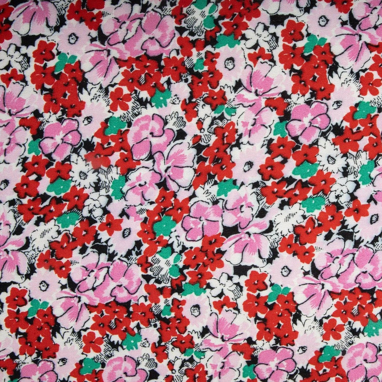 Red Pink Ditsy Floral Print Moss Crepe Fabric