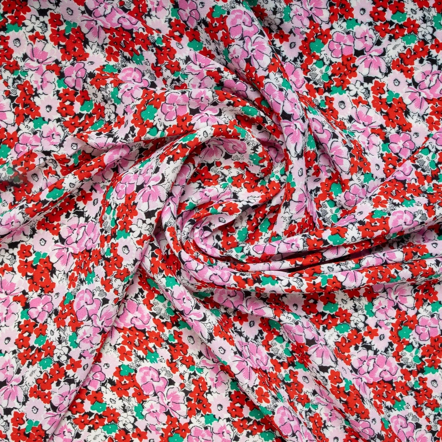 Red Pink Ditsy Floral Print Moss Crepe Fabric