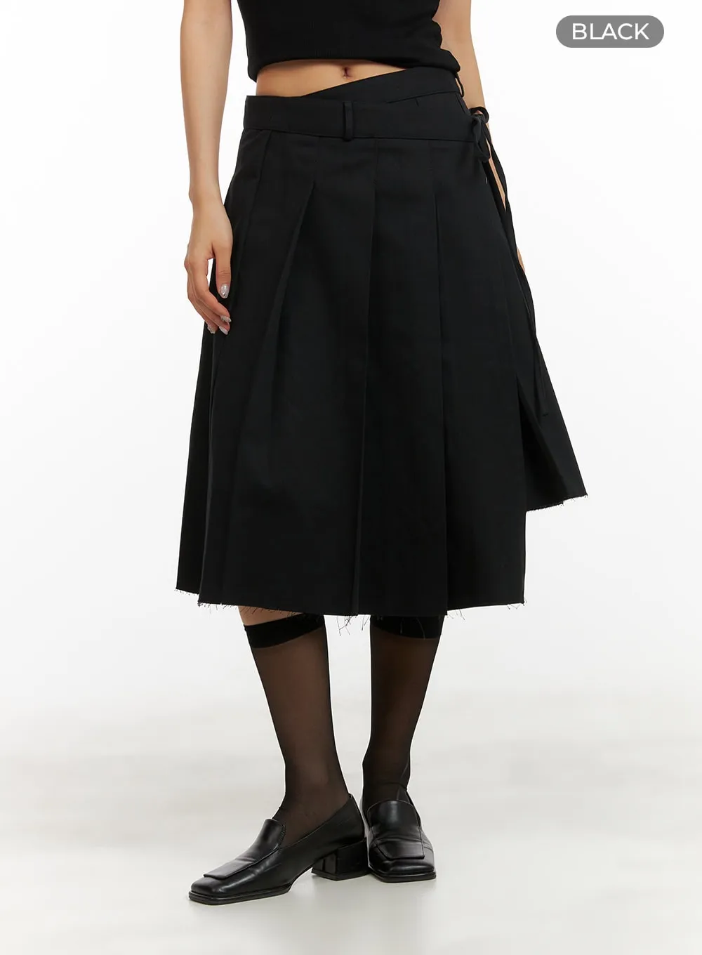 Ribbon Wrap Pleated Midi Skirt CY403