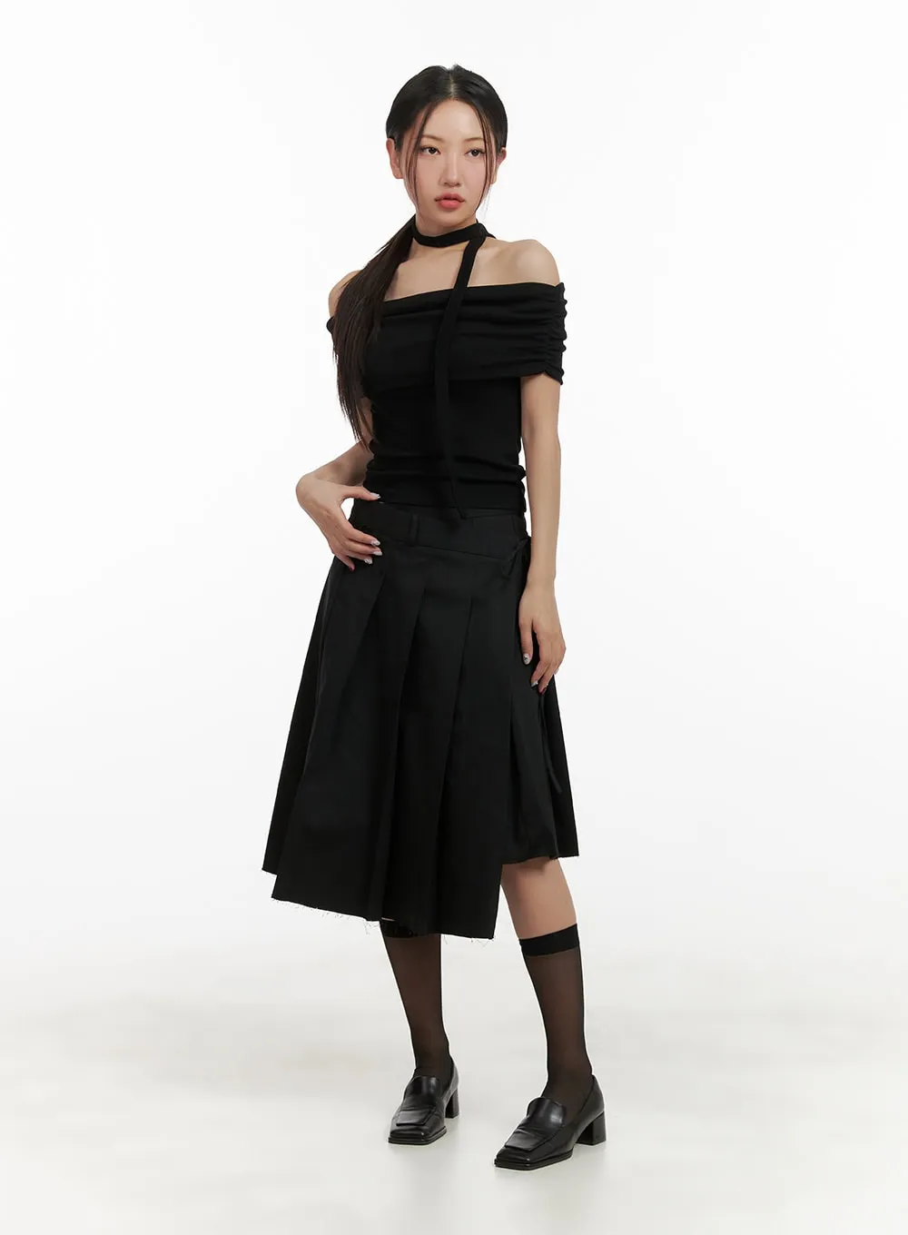 Ribbon Wrap Pleated Midi Skirt CY403