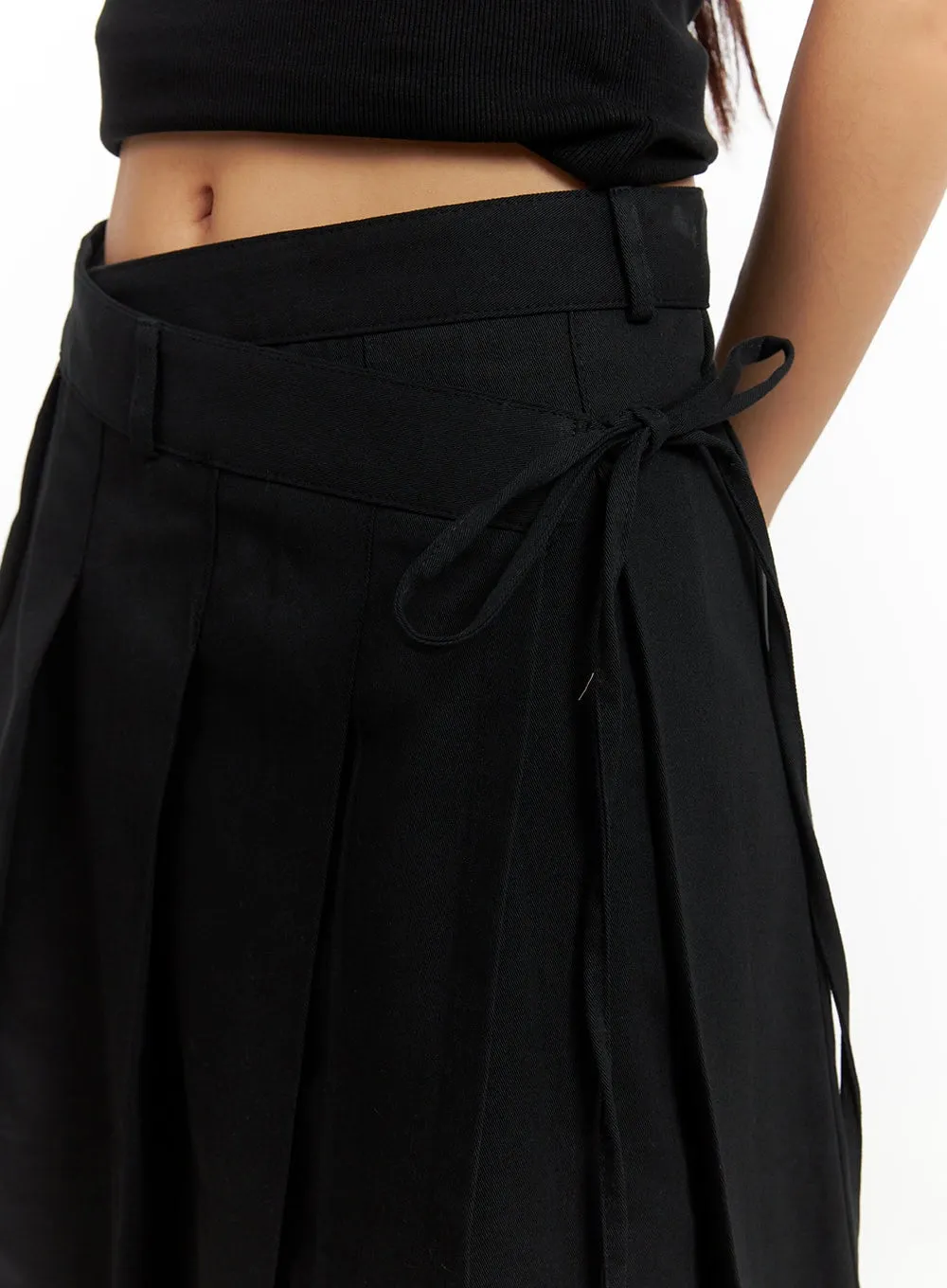 Ribbon Wrap Pleated Midi Skirt CY403