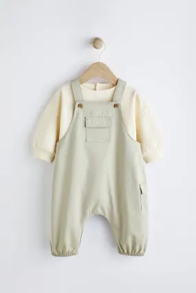 Sage Green Baby Cargo Dungarees And Bodysuit Set