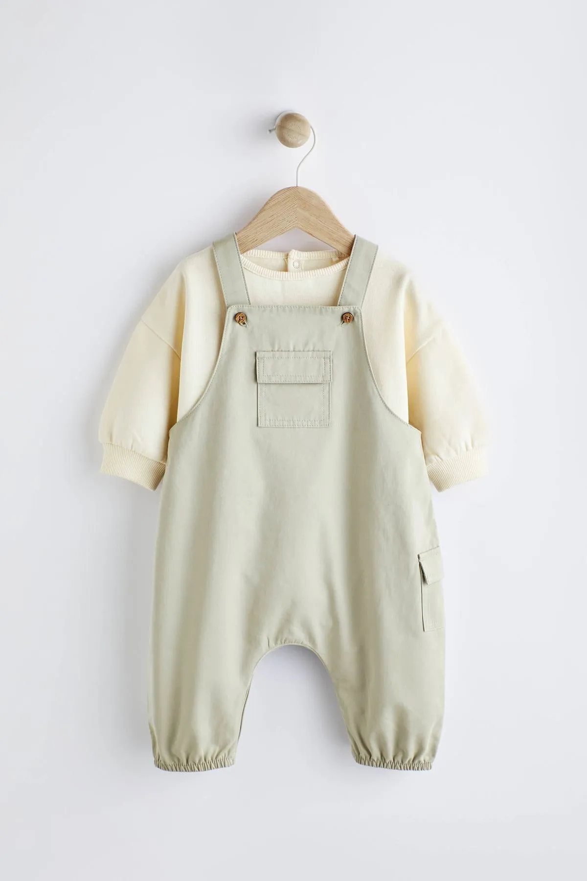 Sage Green Baby Cargo Dungarees And Bodysuit Set