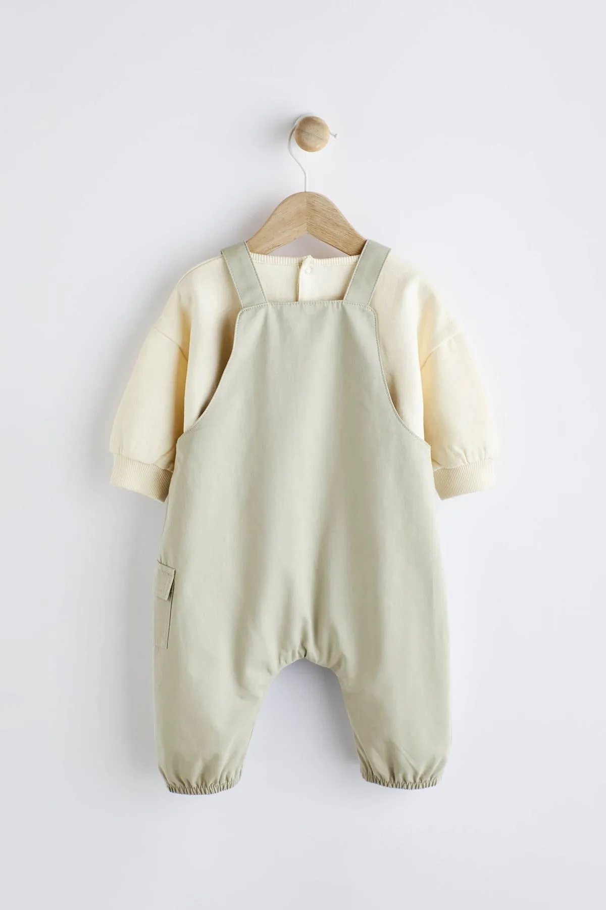 Sage Green Baby Cargo Dungarees And Bodysuit Set