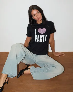 Saki Tee in Black I Love Party Print