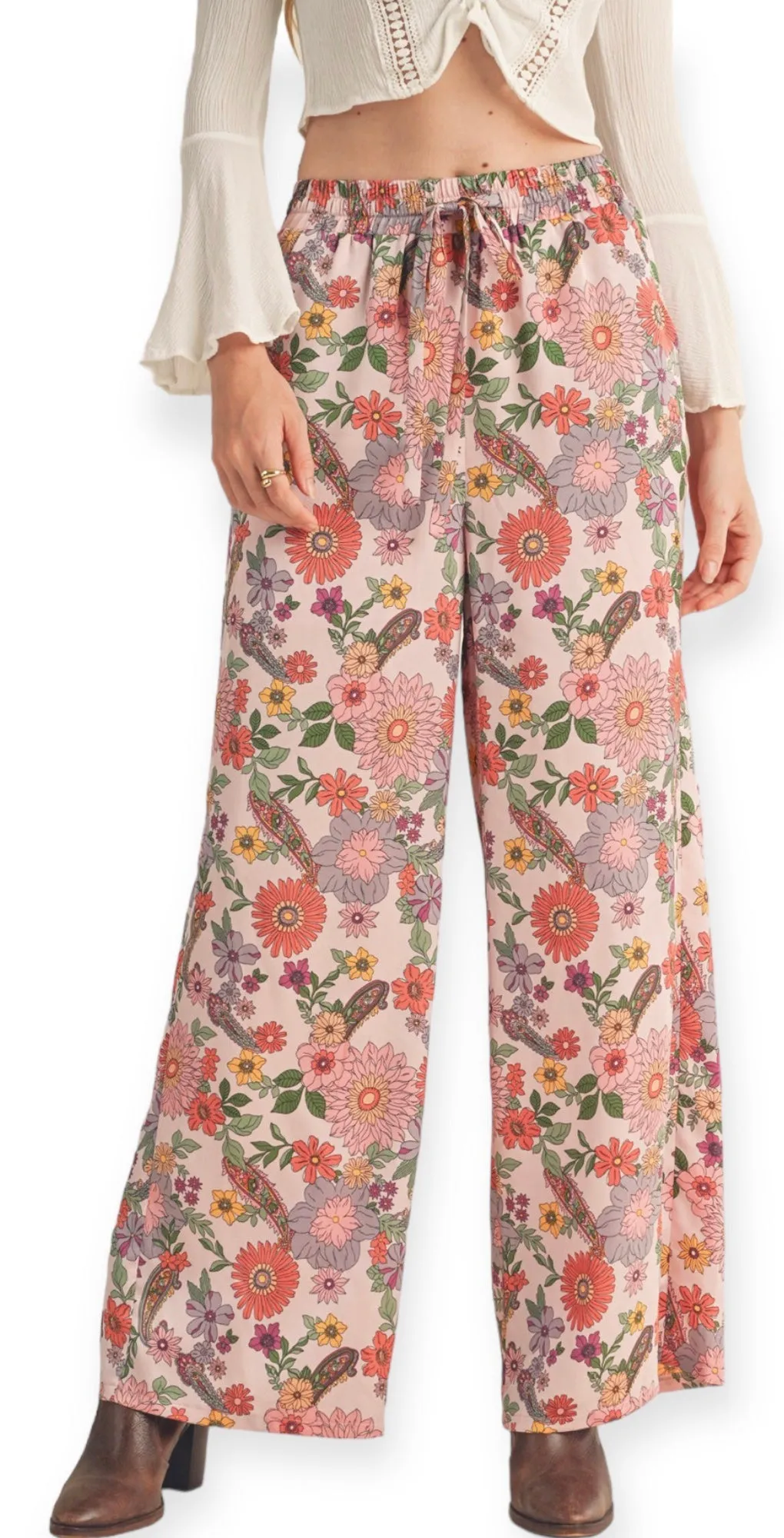 Satin Blooms Floral High Rise Pants