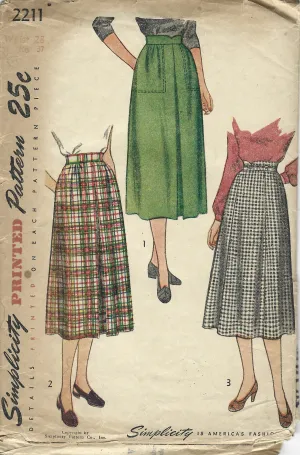 Simplicity 2211 Ladies Below Knee Skirt Vintage Sewing Pattern 1940s