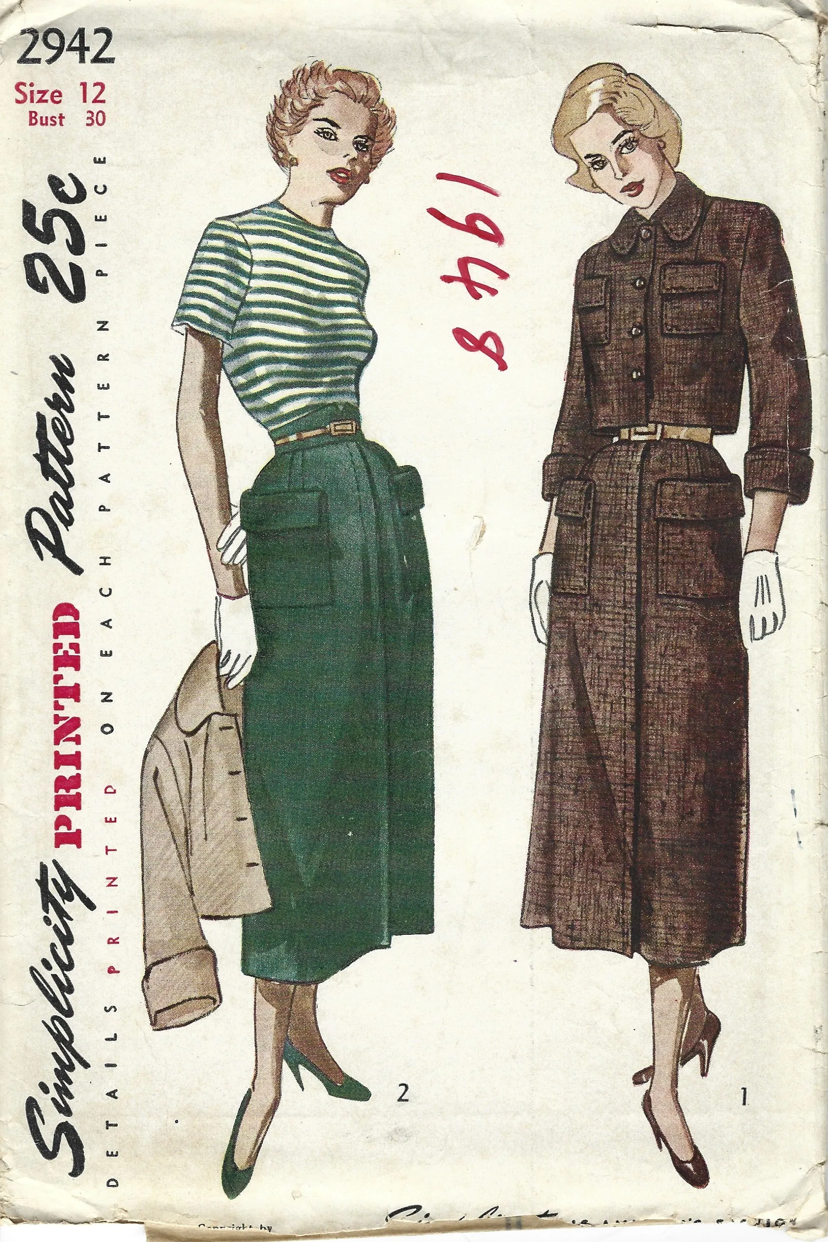 Simplicity 2942 Ladies Skirt Bolero Short Jacket Vintage Sewing Pattern 1940s