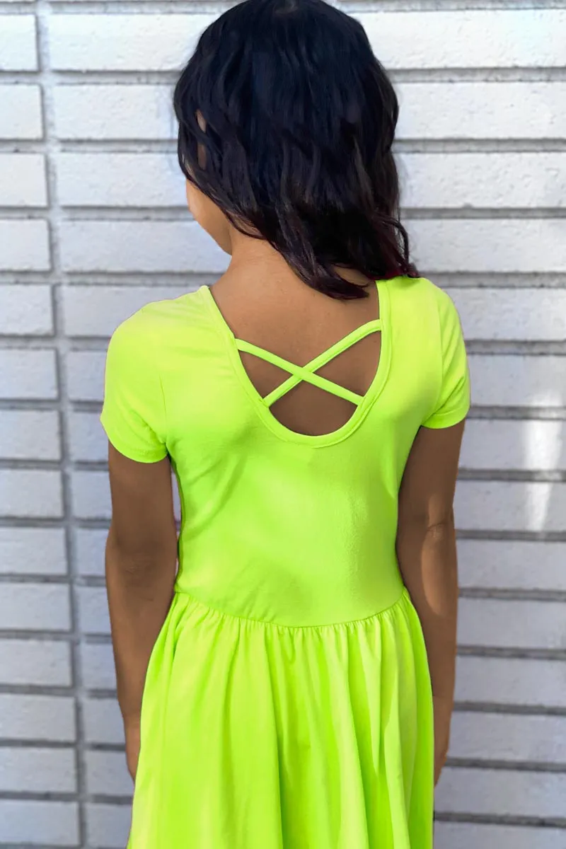 Simply Soft Short Sleeve Be Happy Dress - Neon Lemon Lime