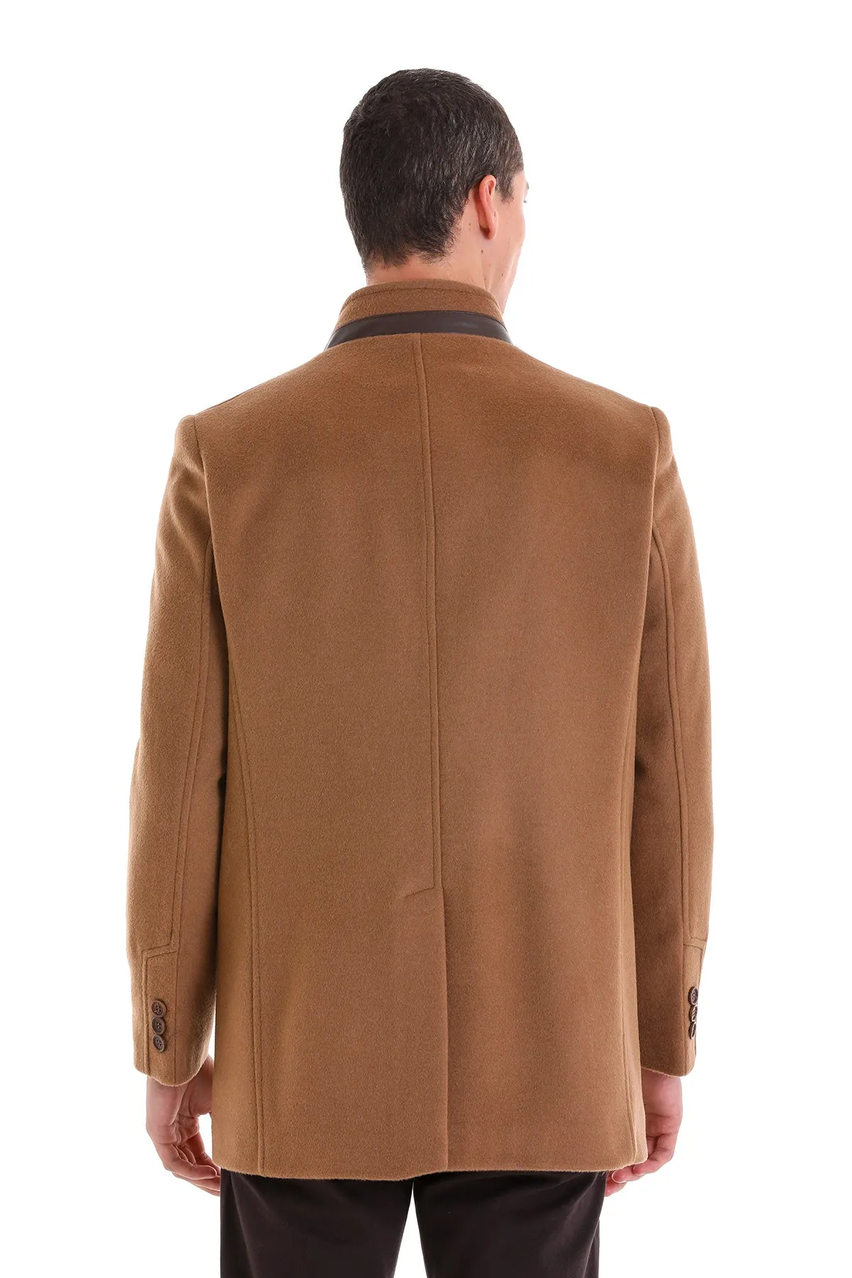 Slim Fit Stand Collar Wool Blend Camel Overcoat