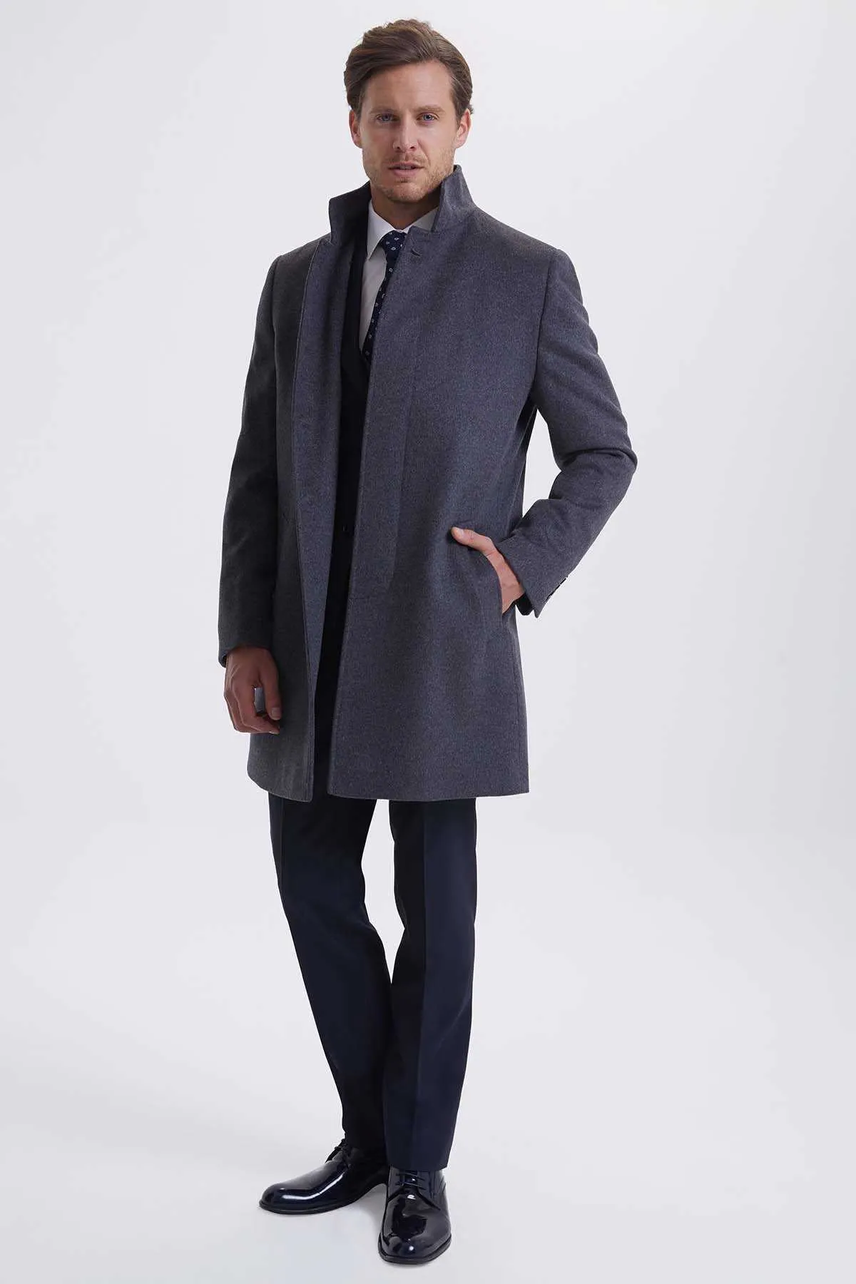 Slim Fit Stand Collar Wool Gray Overcoat, Gray