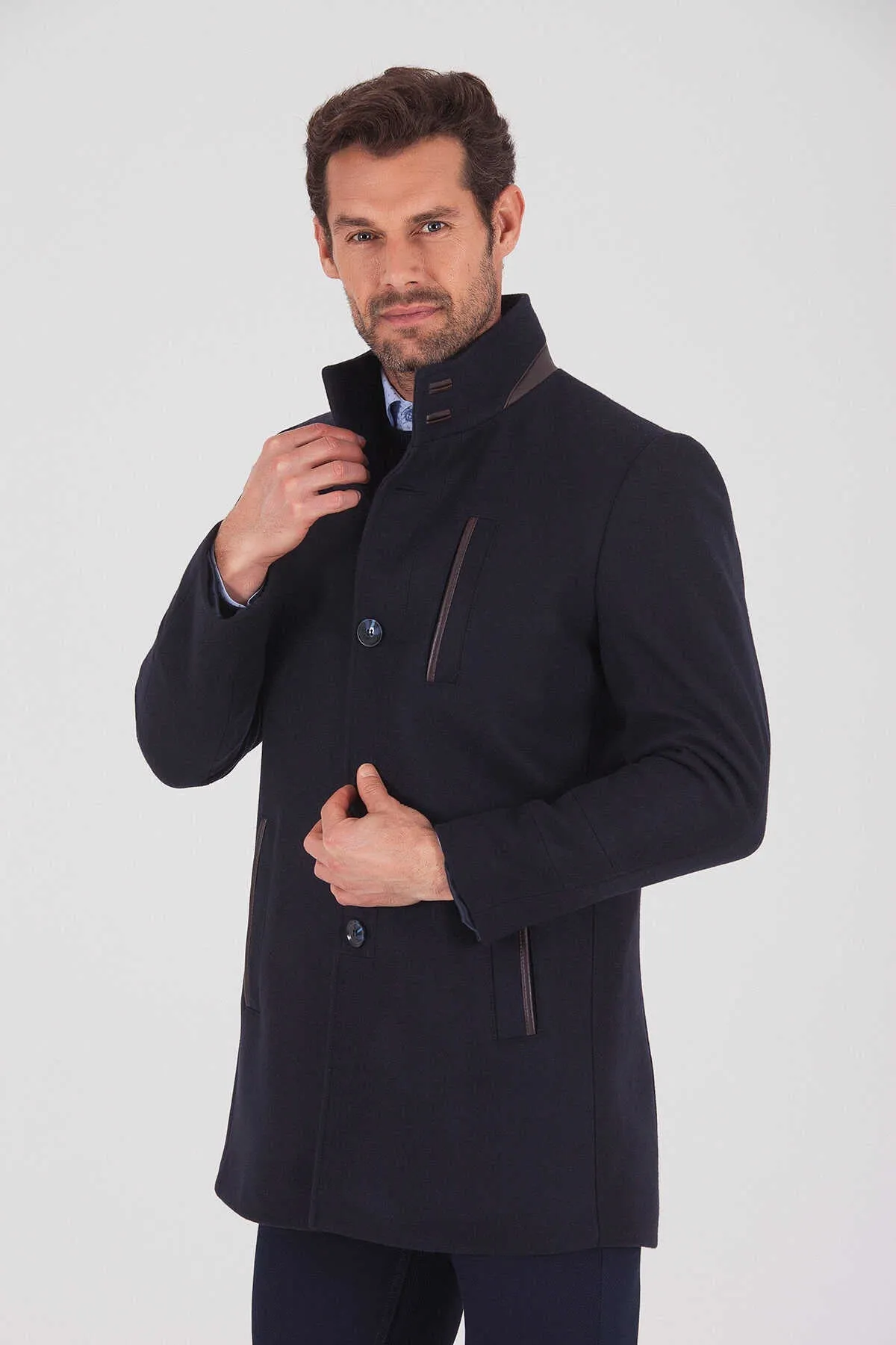 Slim Fit Wool Blend Funnel Stand Collar Navy Overcoat