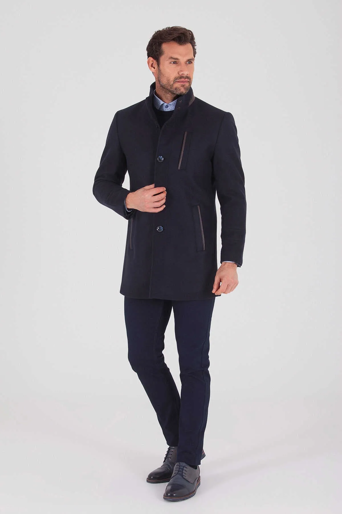 Slim Fit Wool Blend Funnel Stand Collar Navy Overcoat