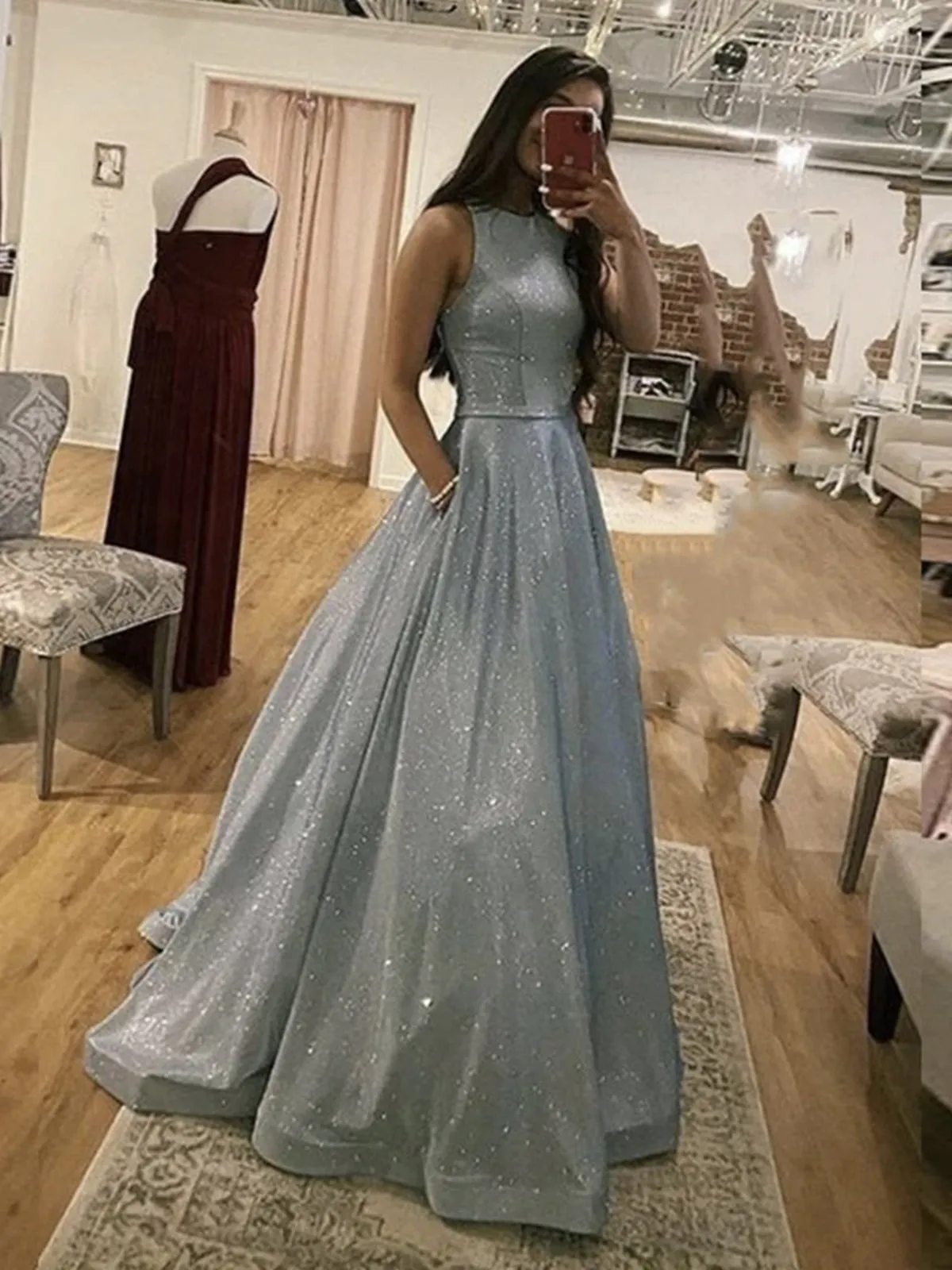 Sparkly Round Neck Silver Grey Long Prom, Silver Gray Long Formal Evening