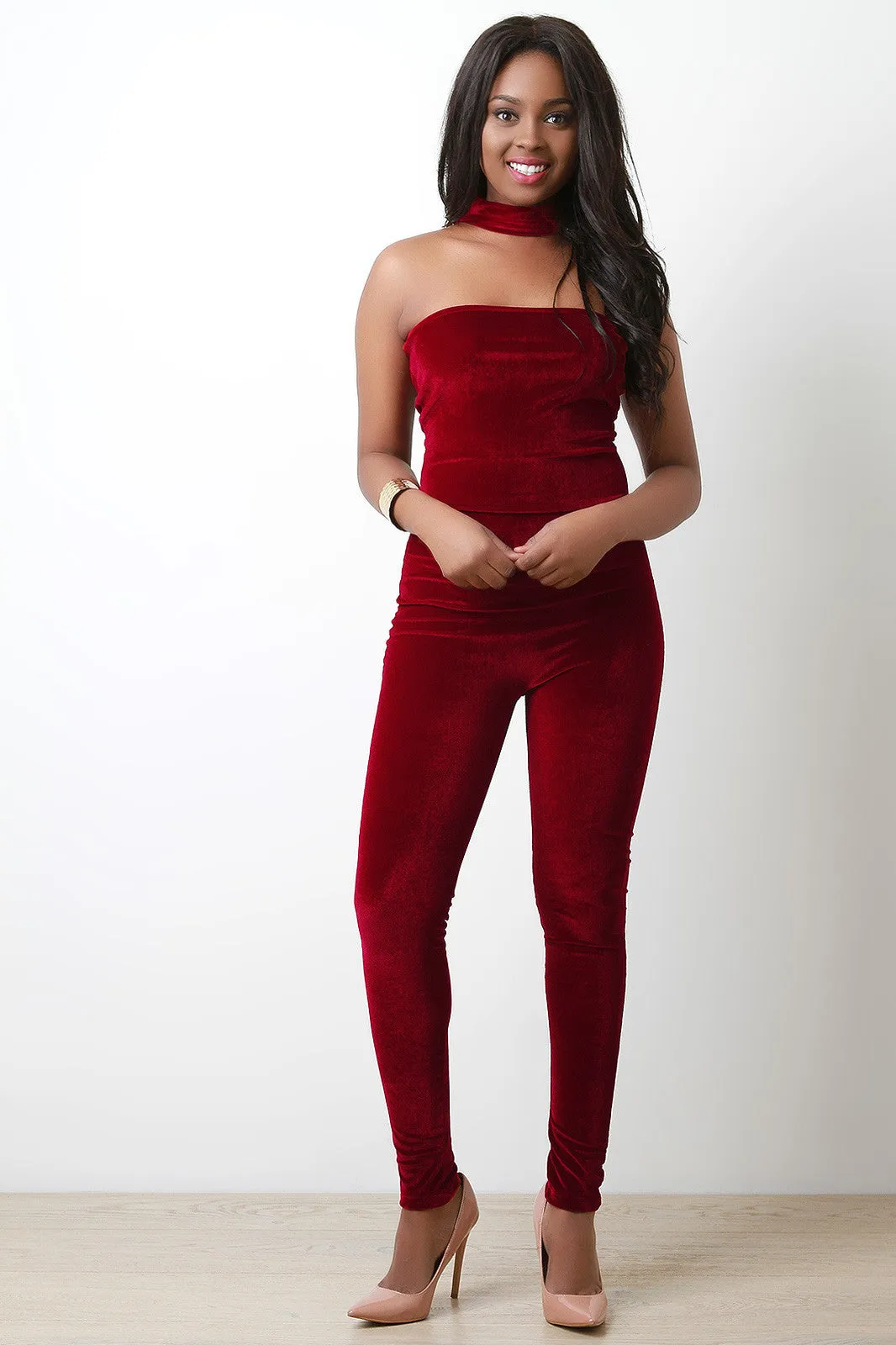 Strapless Velvet Choker Jumpsuit