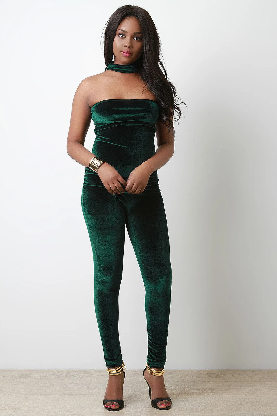 Strapless Velvet Choker Jumpsuit