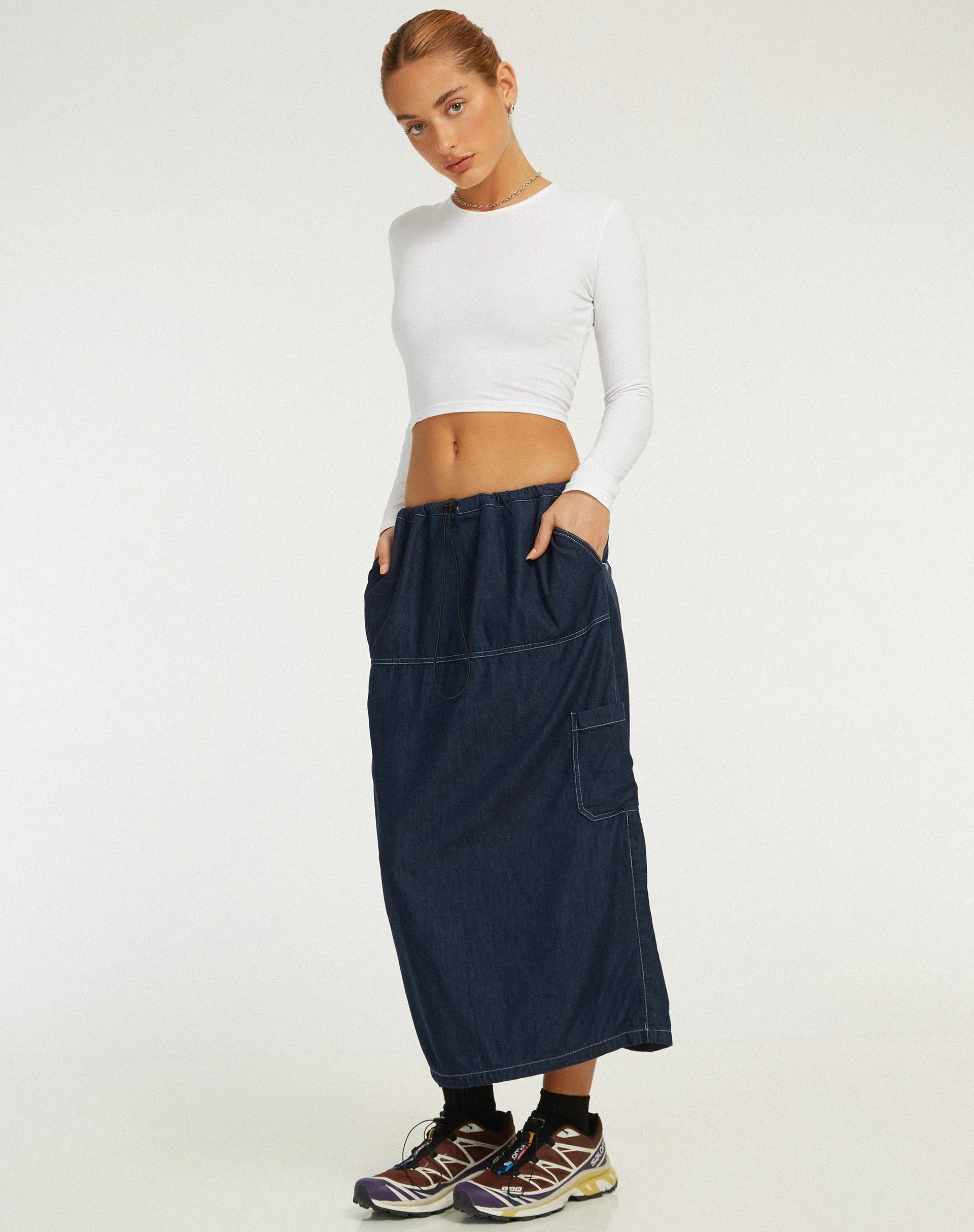 Swari Midi Skirt in Denim Dark Chambray