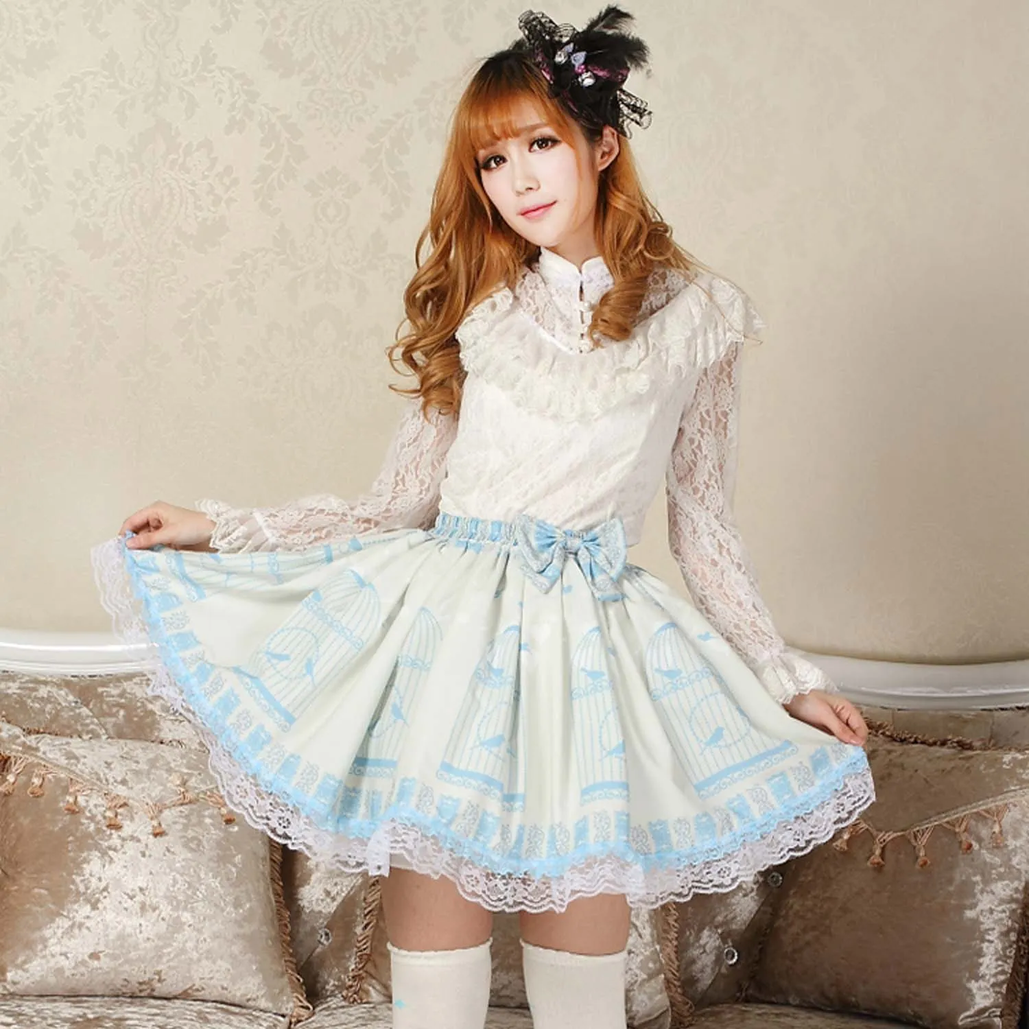 Sweet Lolita Princess Nightingale in Cage Printed Light Sky Blue A line Skirt with Lace Trim and Bow