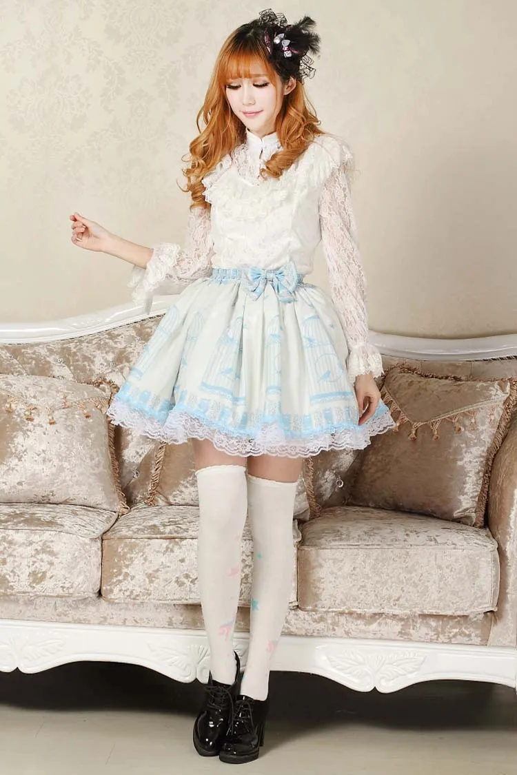 Sweet Lolita Princess Nightingale in Cage Printed Light Sky Blue A line Skirt with Lace Trim and Bow