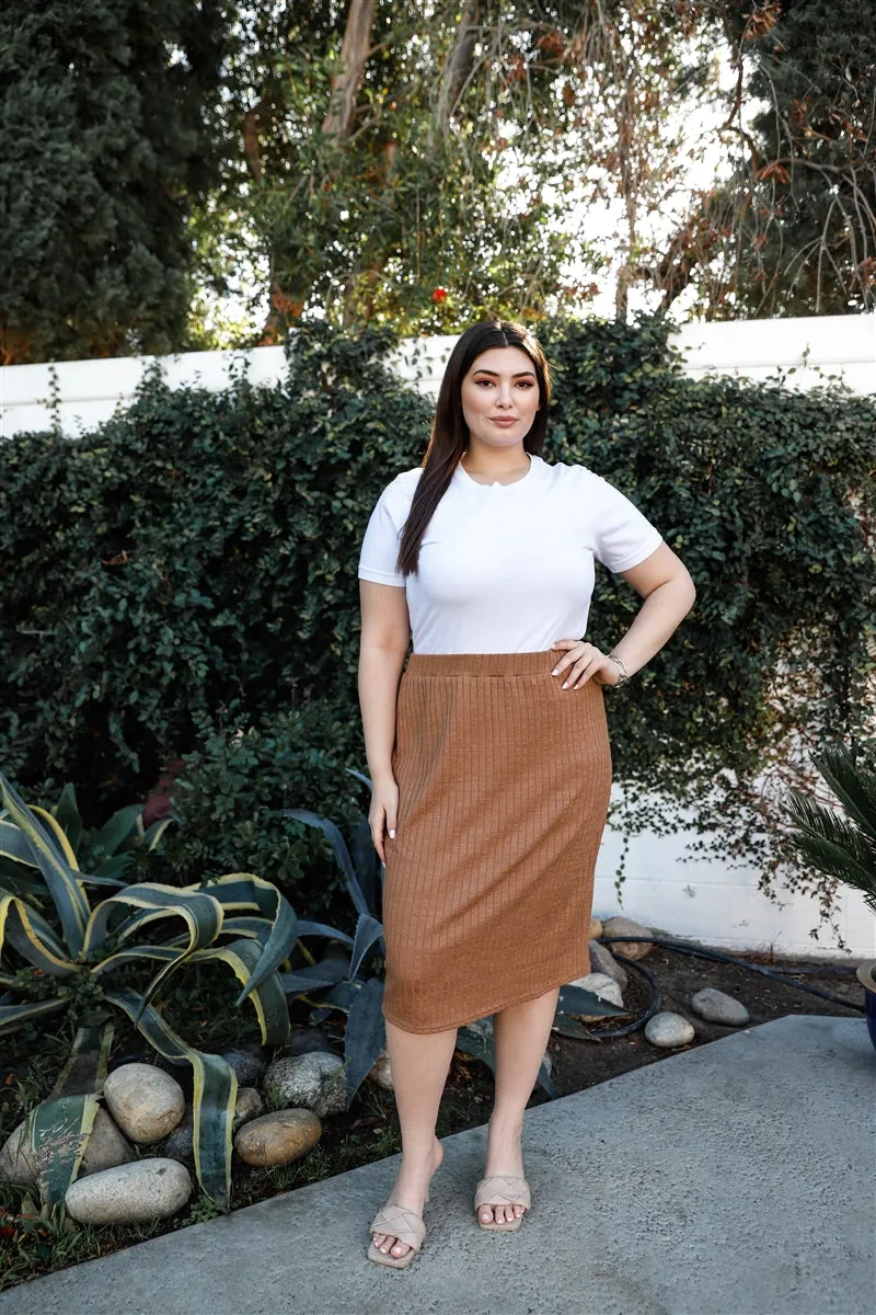 Tan Ribbed Midi Skirt Plus Size