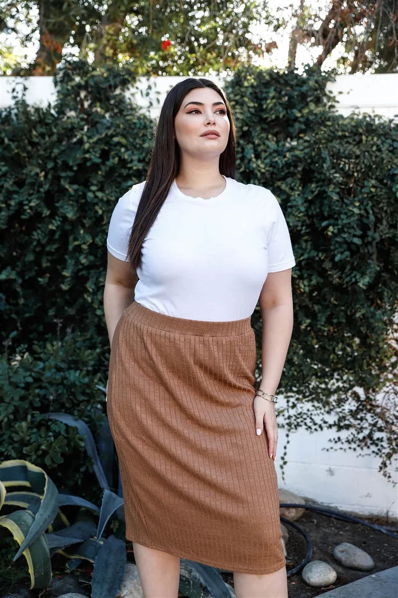 Tan Ribbed Midi Skirt Plus Size