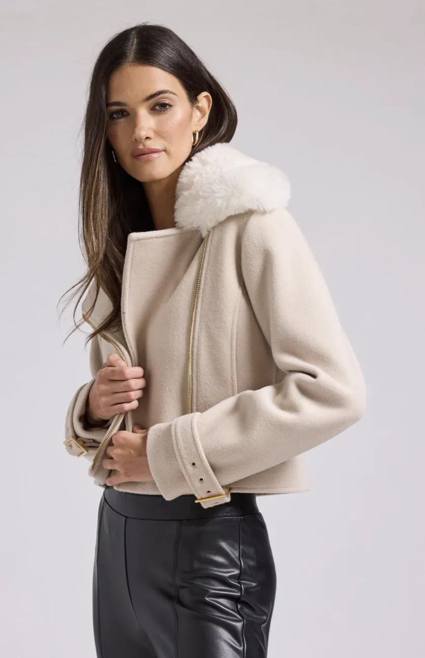 Tivoli Faux Fur Wool Combo Moto - White / Biscuit