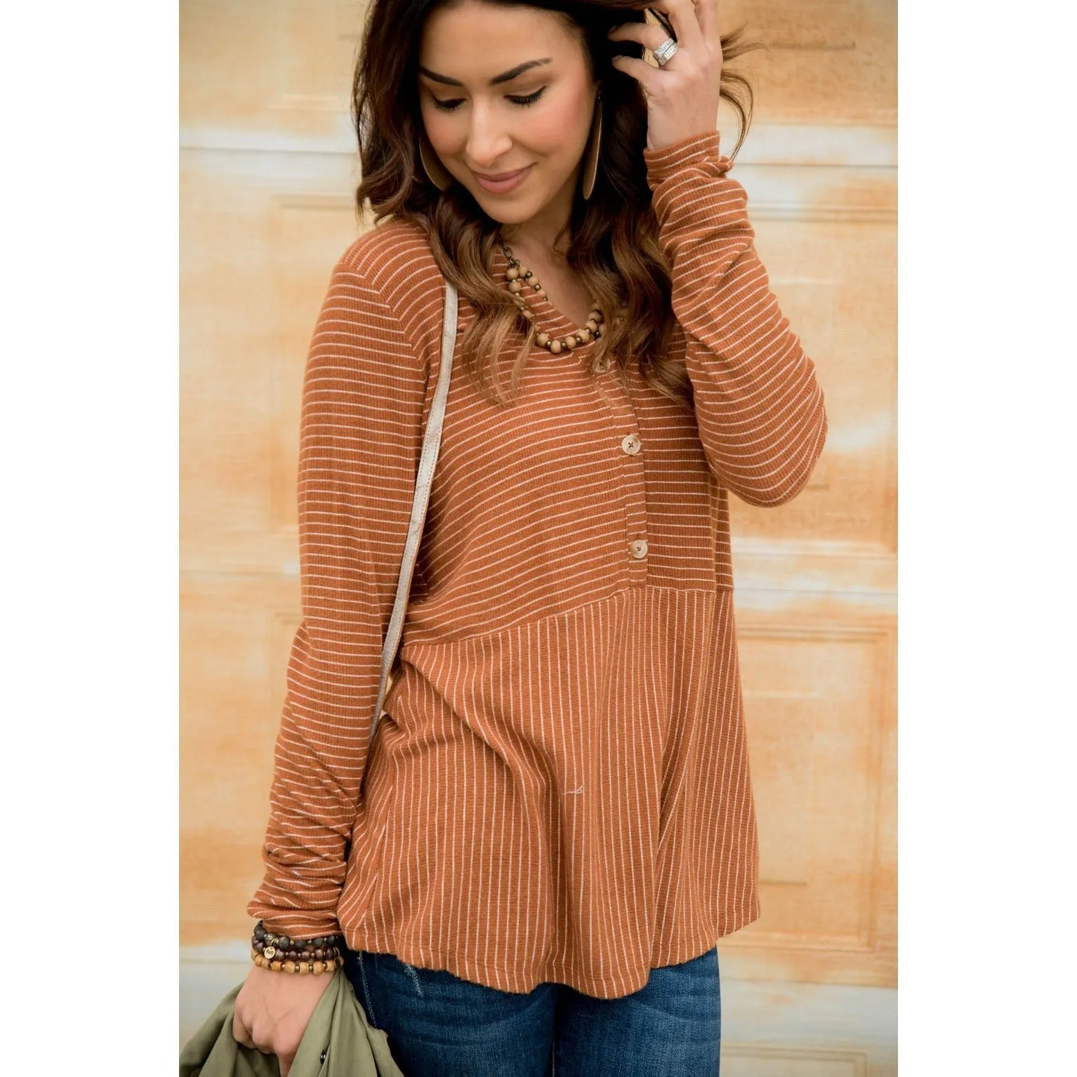 Triple Button Striped Peplum Tee