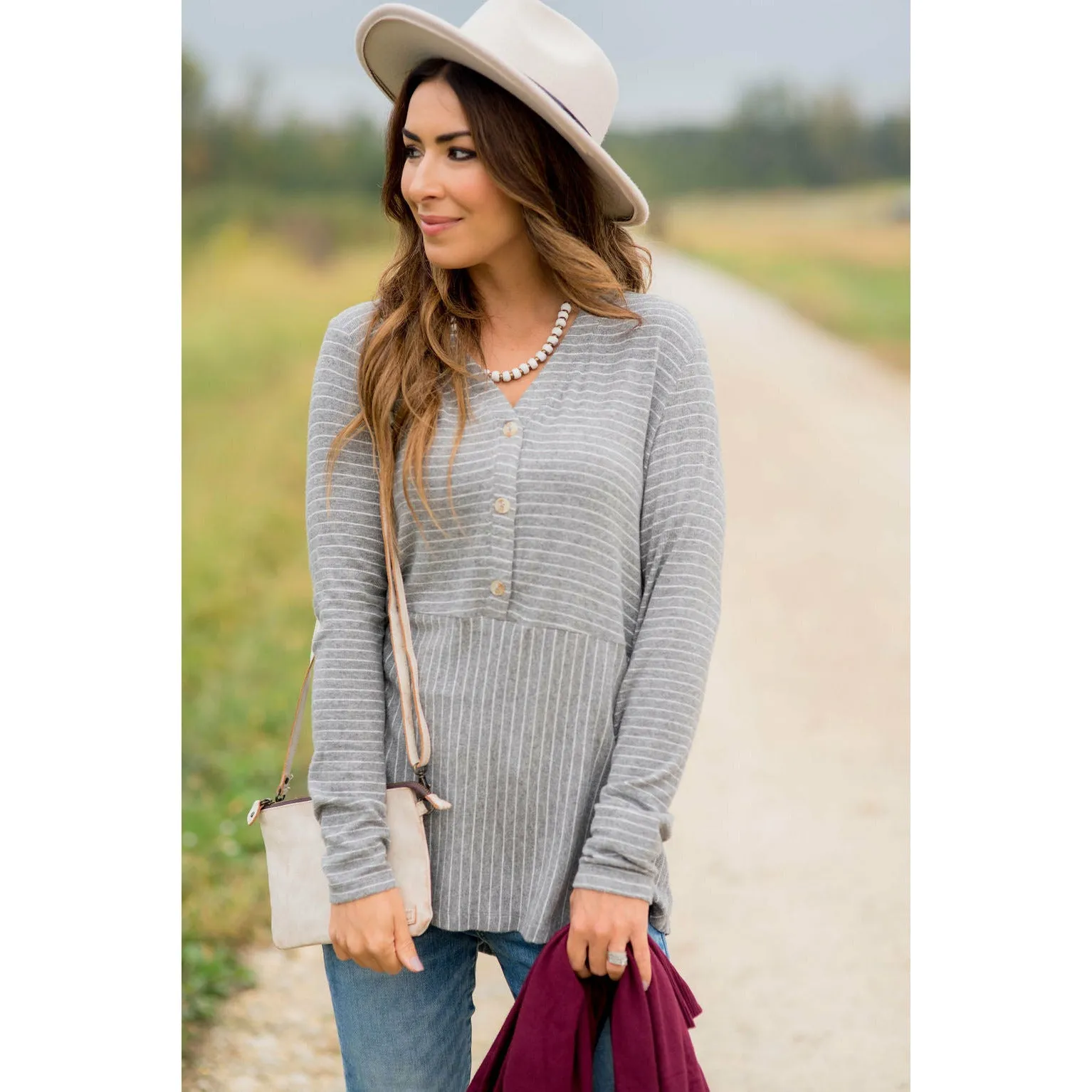 Triple Button Striped Peplum Tee