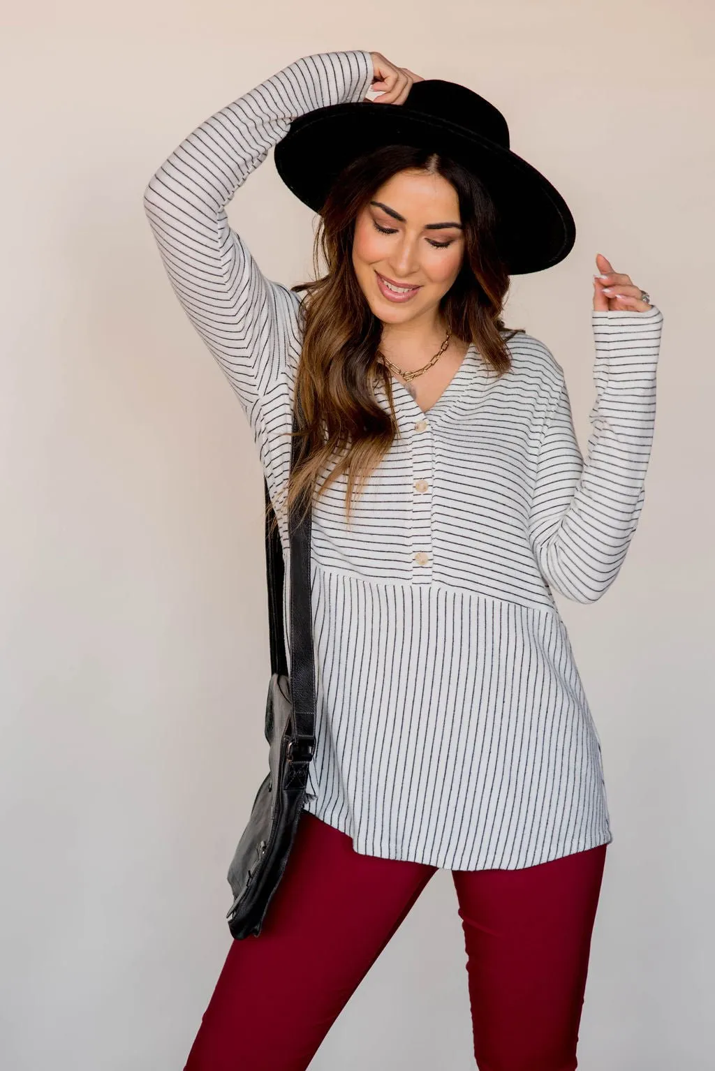 Triple Button Striped Peplum Tee