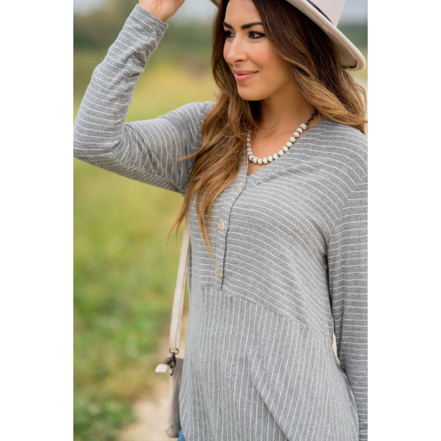 Triple Button Striped Peplum Tee