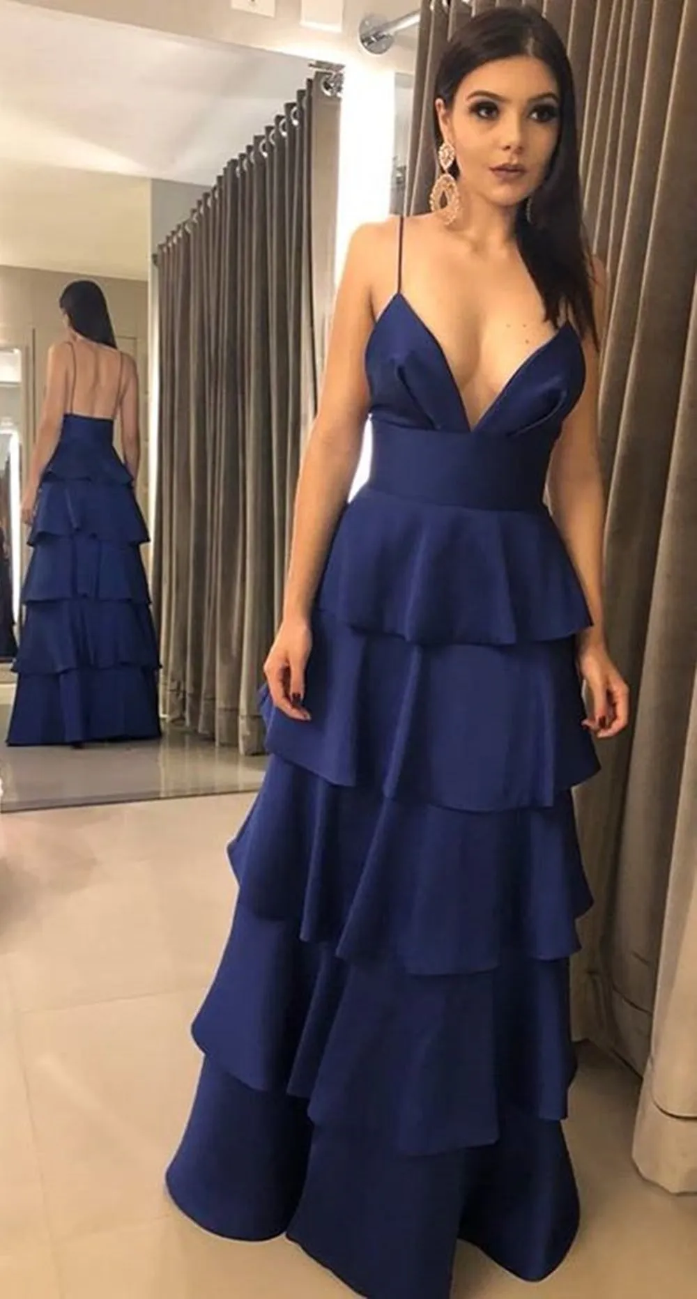 V Neck Open Back Layered Red/Blue Long Prom Dress, Backless Red/Blue Formal Graduation Evening Dress A1431