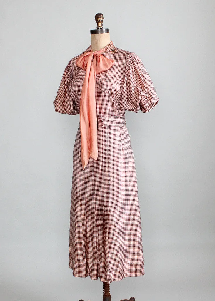 Vintage 1930s Taffeta Check Day Dress with Puff Sleeves