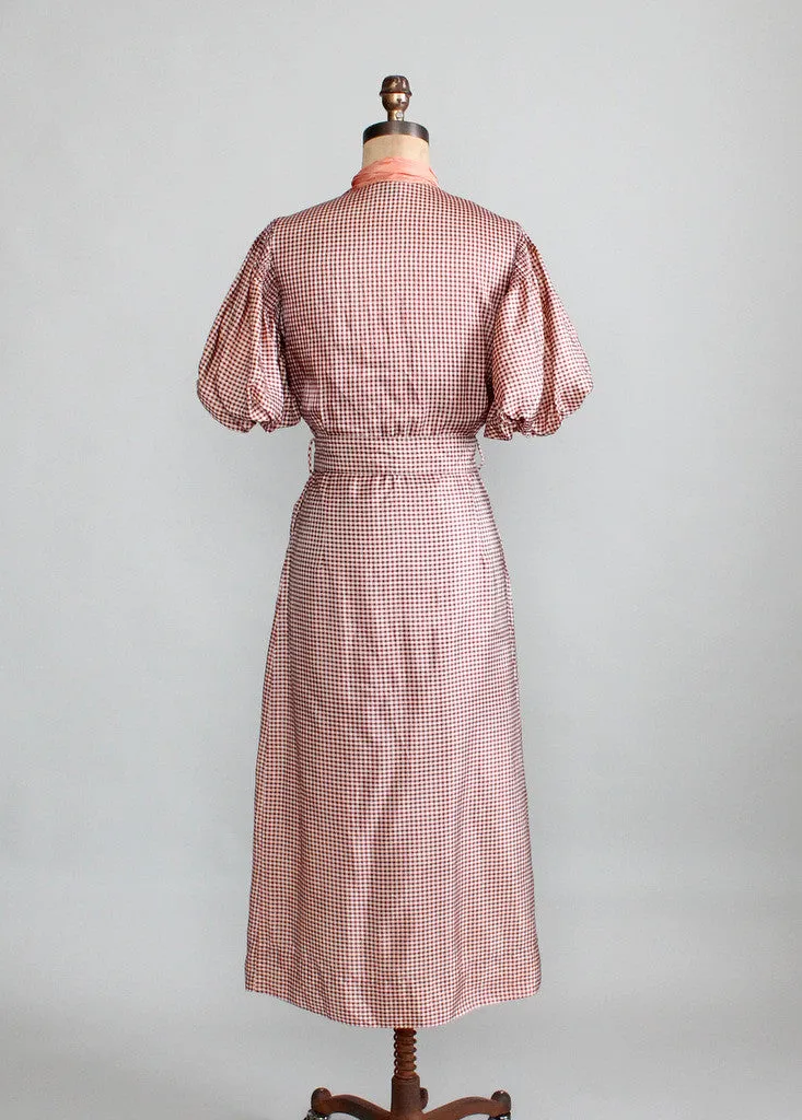 Vintage 1930s Taffeta Check Day Dress with Puff Sleeves