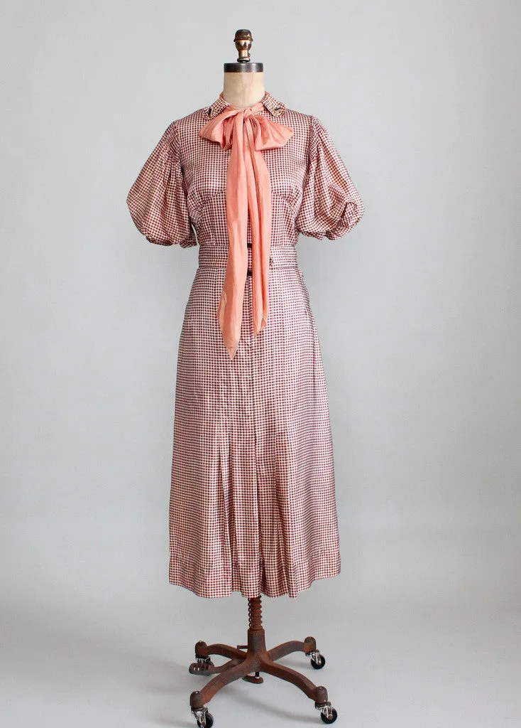 Vintage 1930s Taffeta Check Day Dress with Puff Sleeves