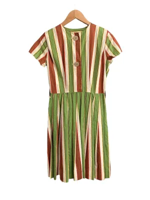 Vintage Cotton Green, Brown and Cream striped Short Sleeved Dress Size 40 UK Size 10