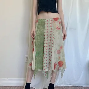 Vintage Grunge Fairycore Low Waist Midi Skirt Women Y2K Aesthetic Split Flowers Print Mesh Skirt Korean Asymmetrical