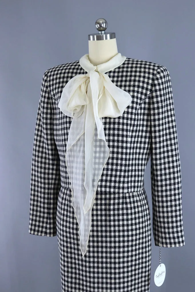 Vintage Valentino Miss V Suit / Gingham Wool with Silk Blouse & Scarf