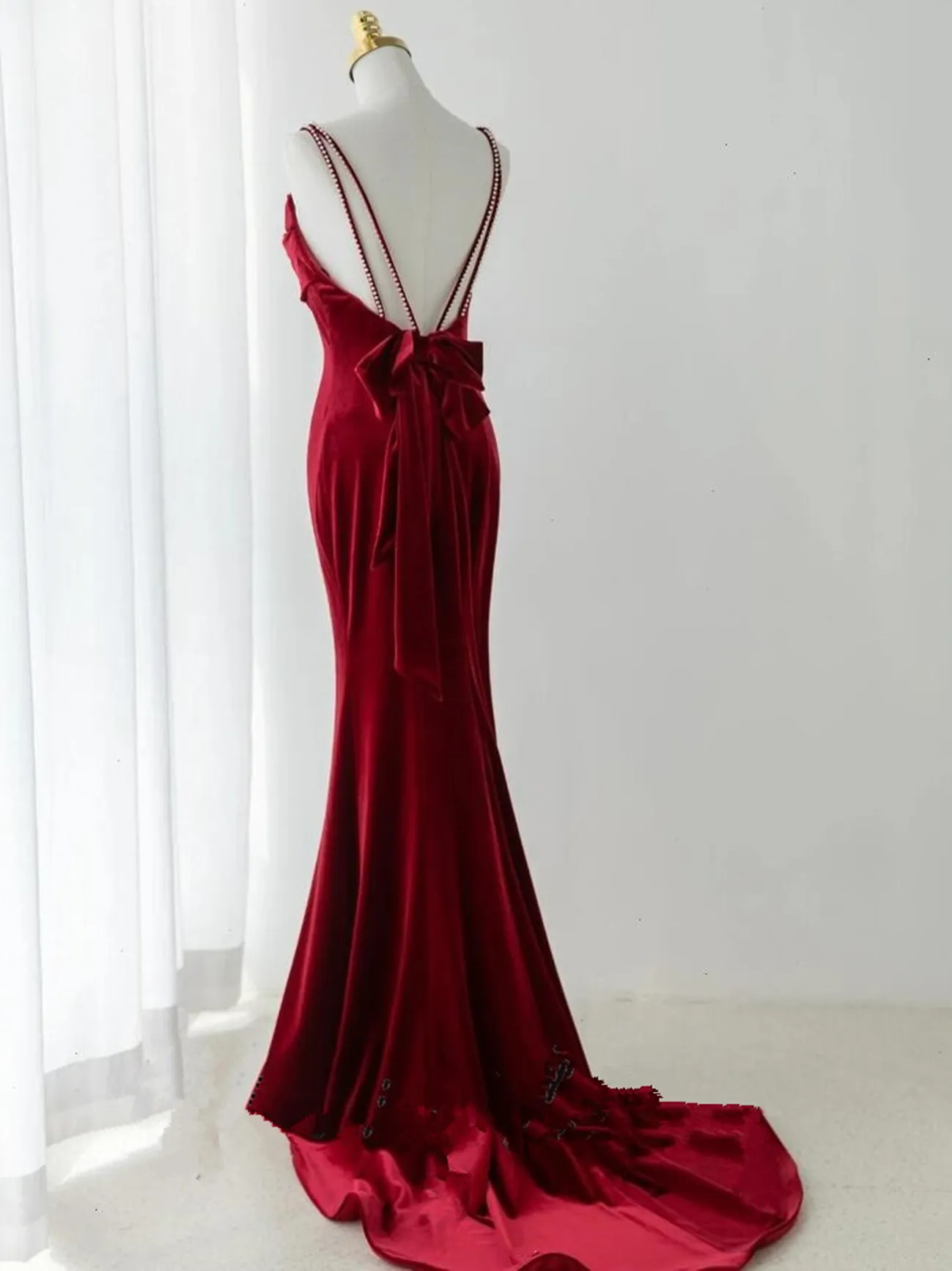 Wine Red Velvet Low Back Straps Long Party Dress, Wine Red Wedding Party Dress