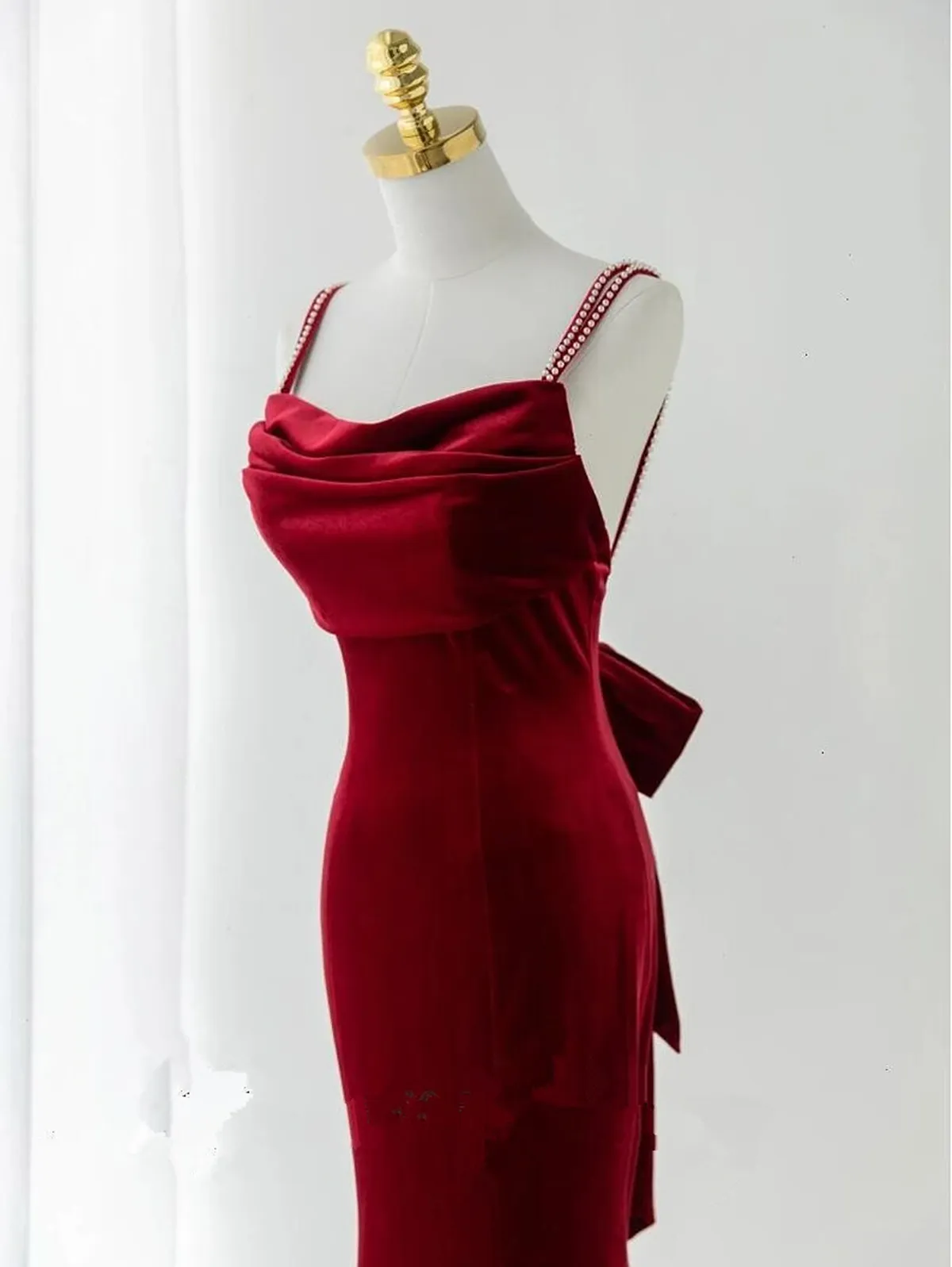 Wine Red Velvet Low Back Straps Long Party Dress, Wine Red Wedding Party Dress