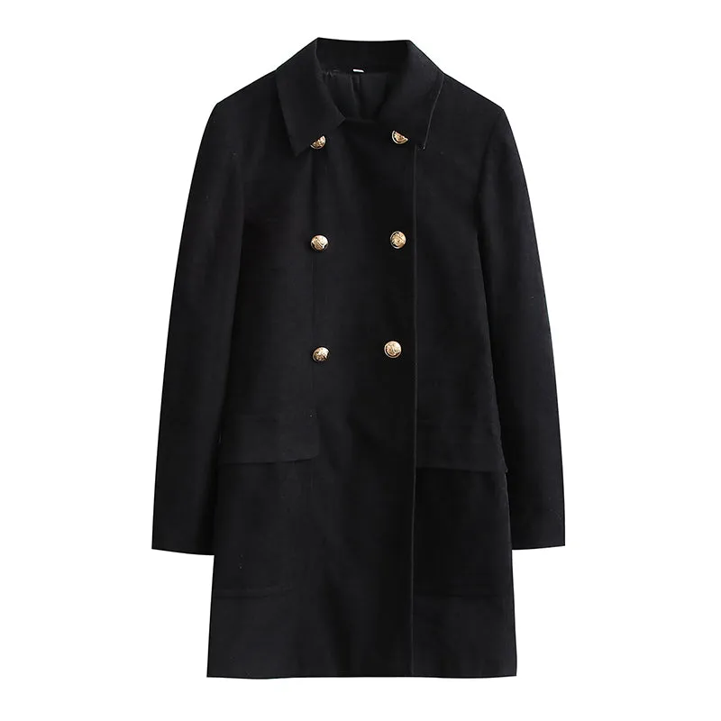 Women Autumn Winter Women Clothing Loose Casual Polo Collar Gold Button Decoration Overcoat Coat for Women