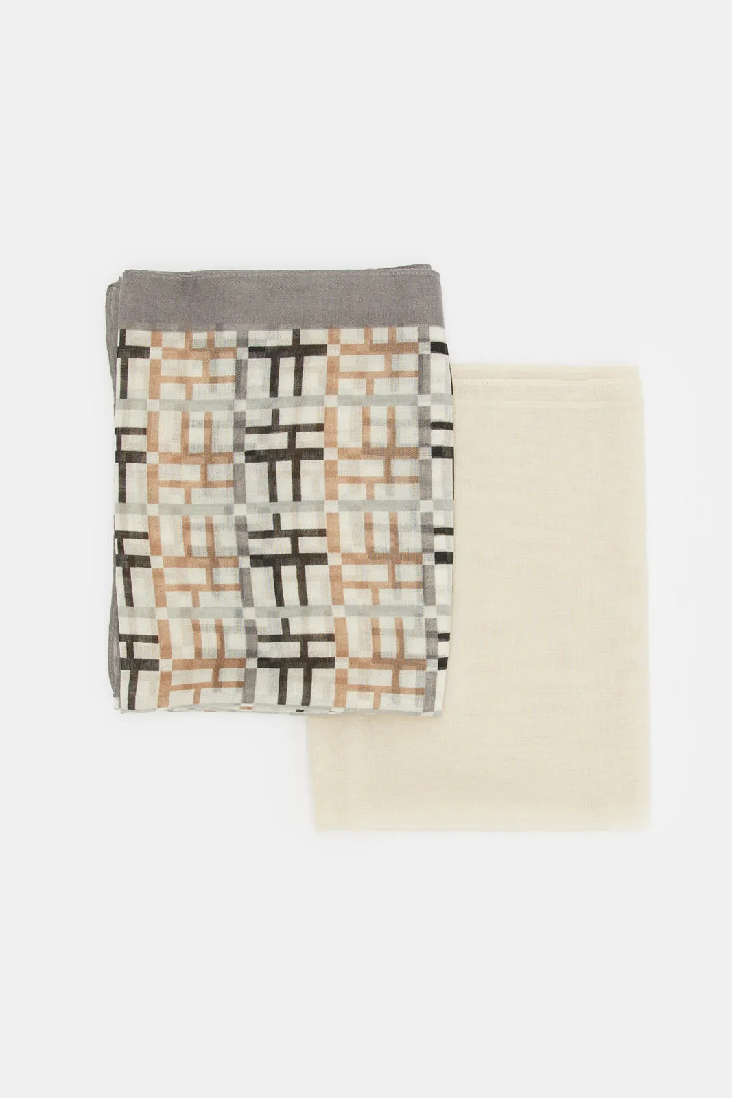 Women Grey And Beige Checkered Scarf Set (2 Piece)