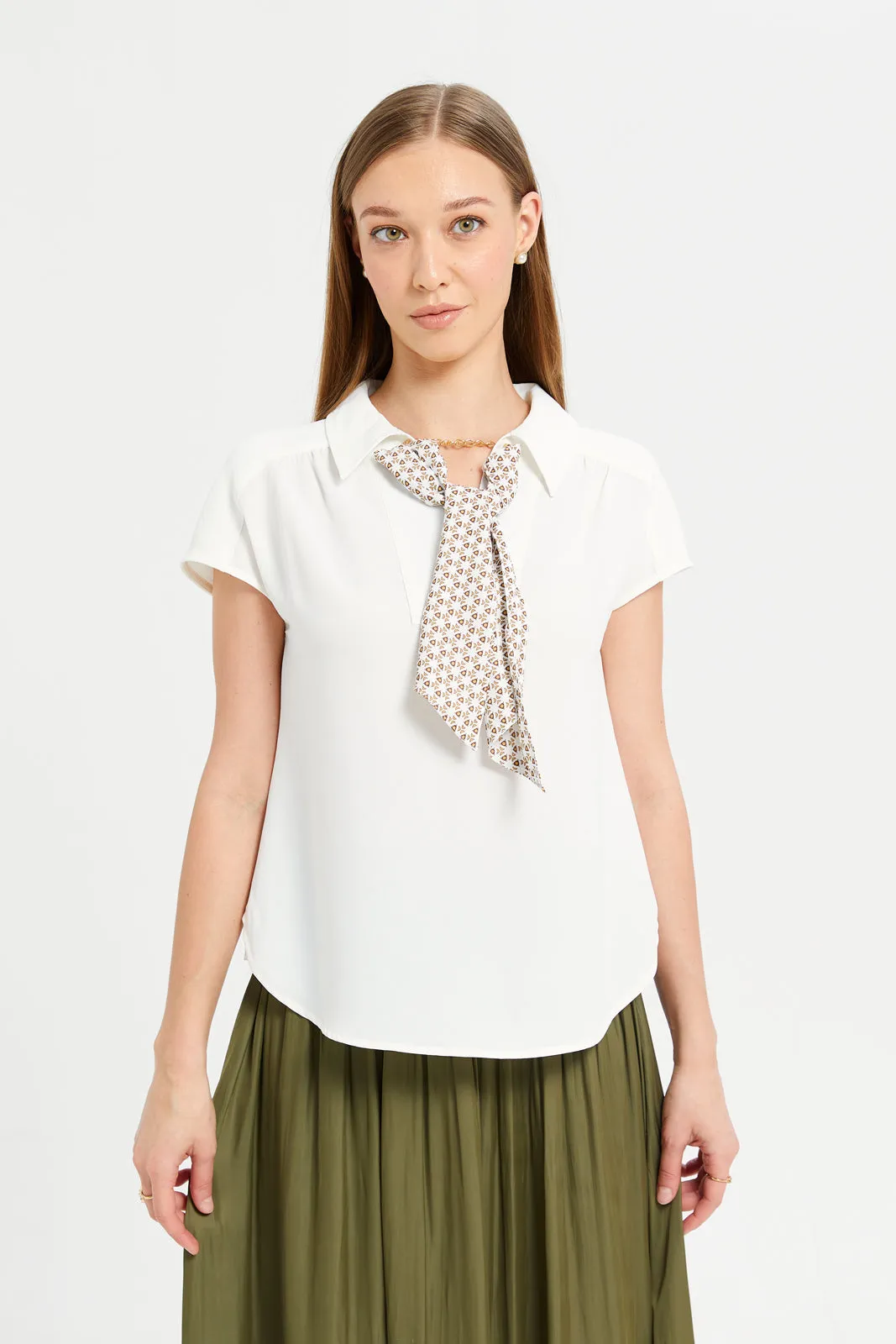 Women Ivory Drop Shoulder Blouse With Printed Scarf Detailing