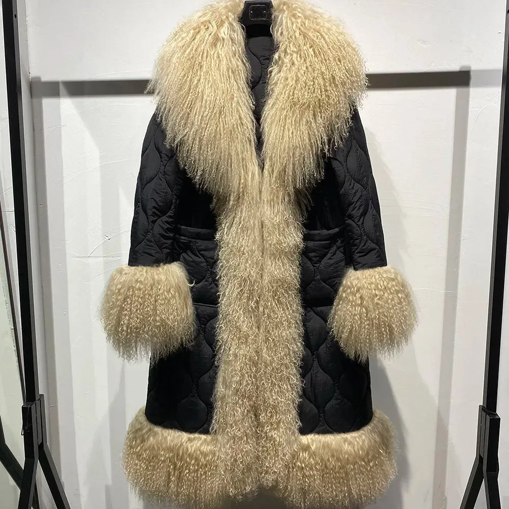 Women's Diamond Quilted Sheep Fur Long Coat