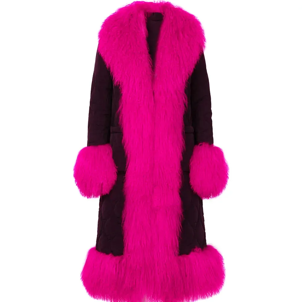 Women's Diamond Quilted Sheep Fur Long Coat